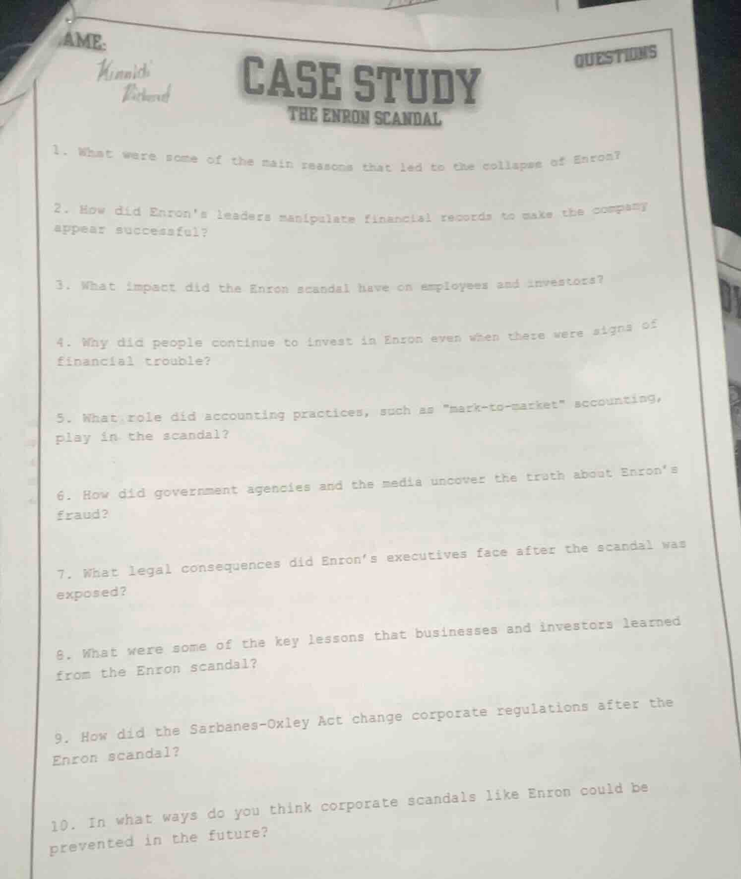 name: kenneth richard case study the enron scandal questions 1. what we…