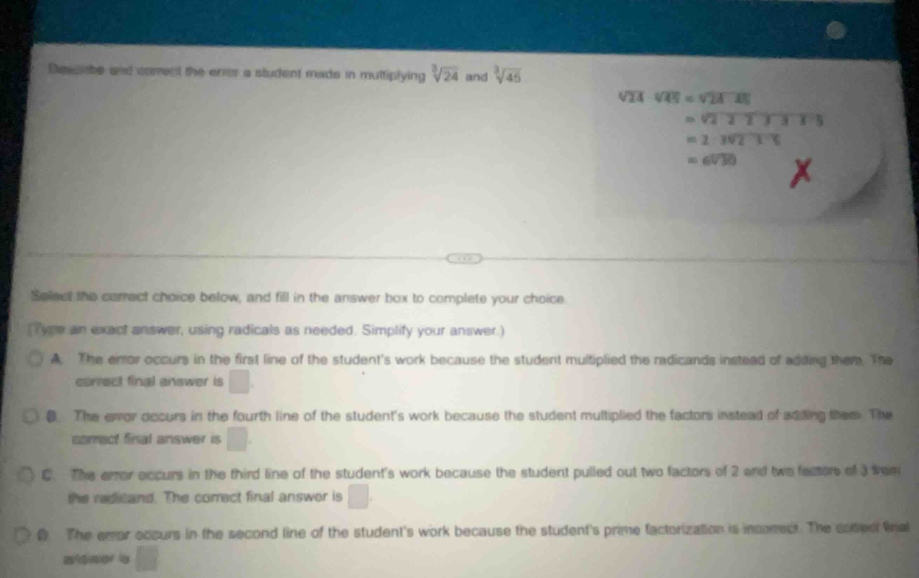 describe and correct the error a student made in multiplying $sqrt3{24}…
