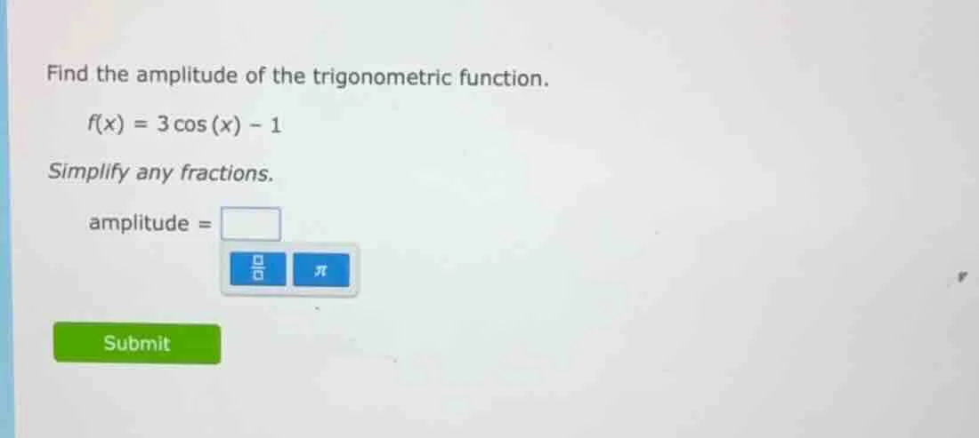find the amplitude of the trigonometric function. f(x) = 3 cos(x) - 1 s…