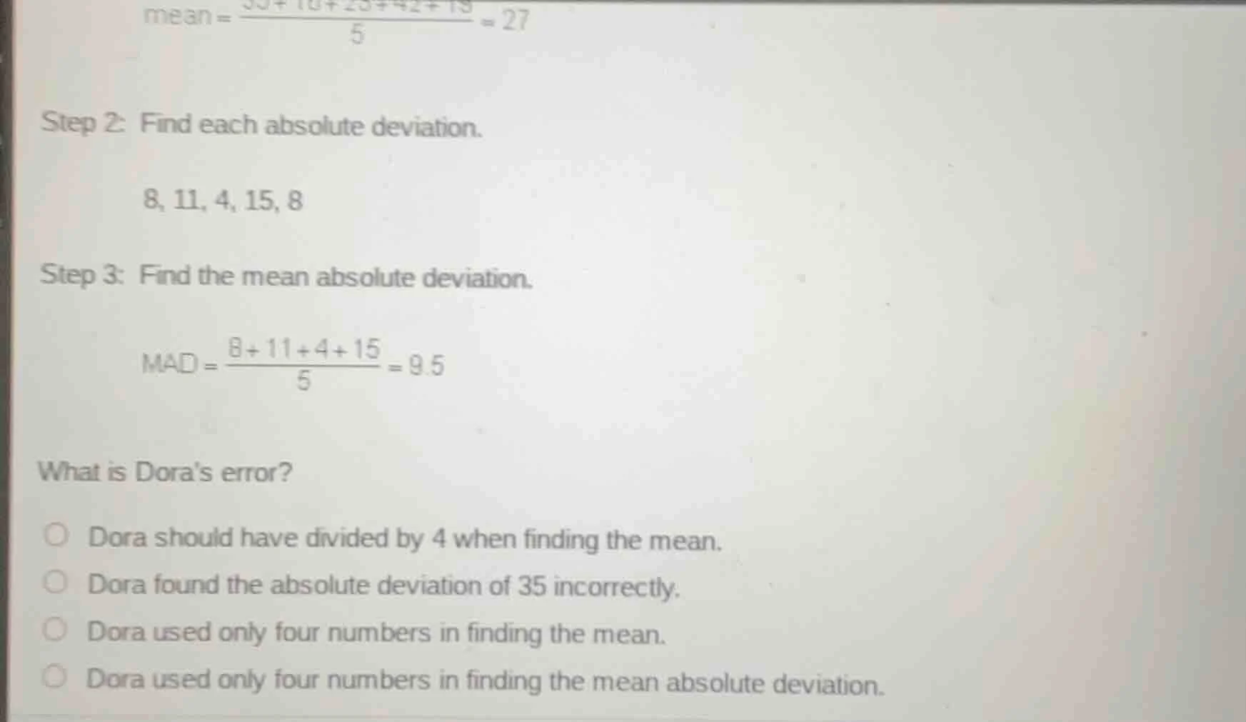 mean = \\frac{35 + 10 + 25 + 42 + 19}{5} = 27\ step 2: find each absolu…