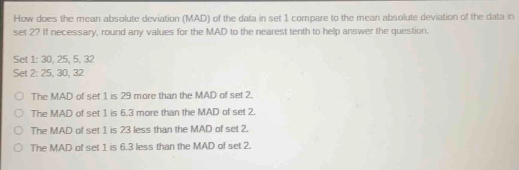 how does the mean absolute deviation (mad) of the data in set 1 compare…