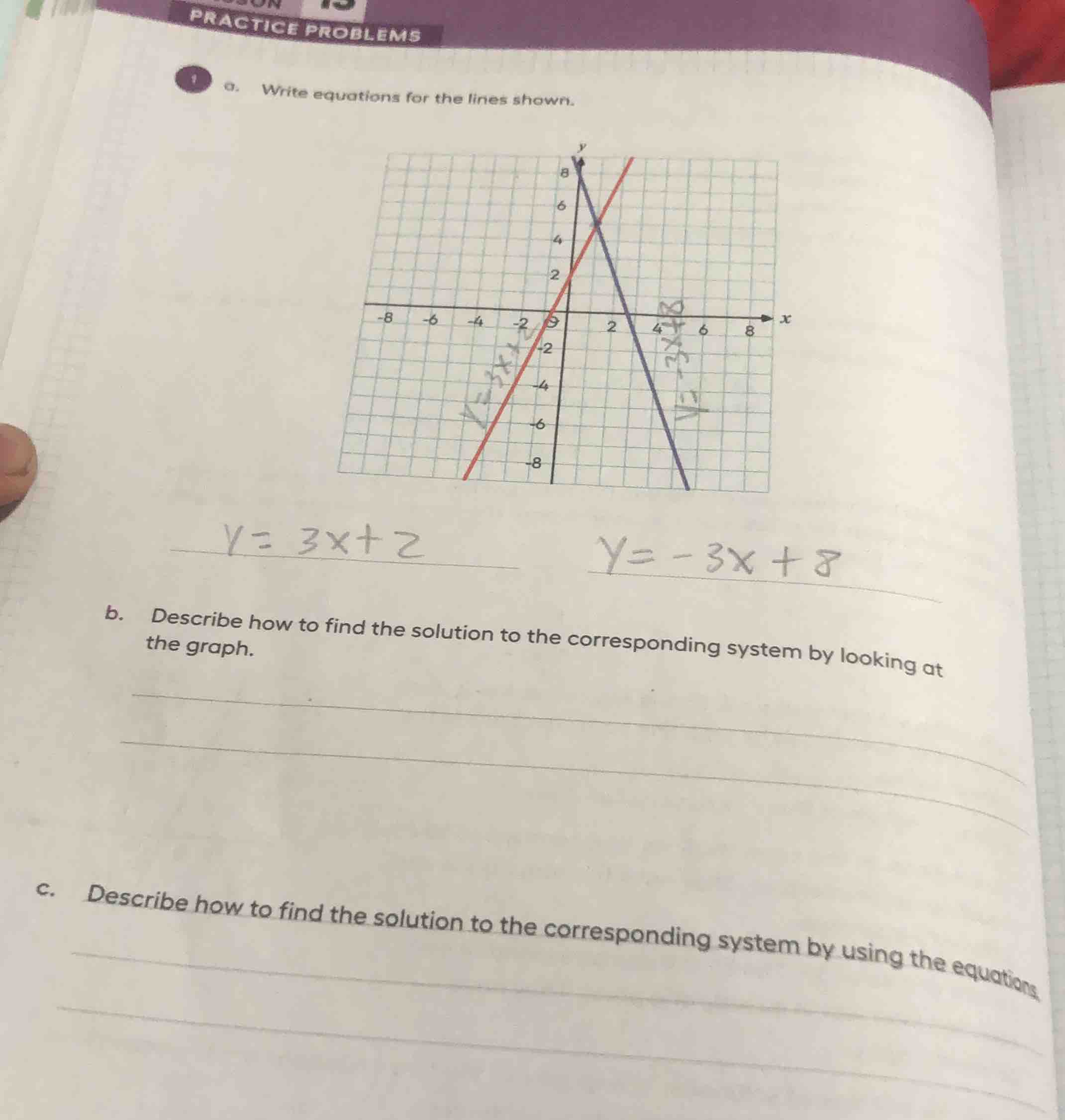 practice problems 1 a. write equations for the lines shown. b. describe…