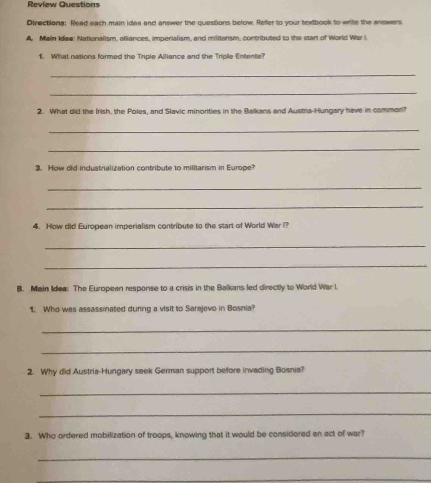 review questions directions: read each main idea and answer the questio…