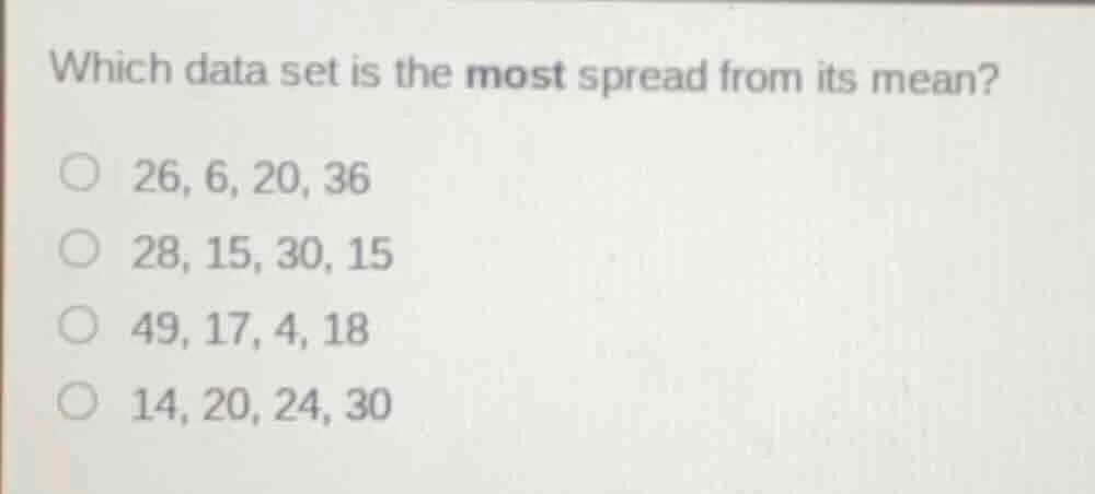 which data set is the most spread from its mean? 26, 6, 20, 36 28, 15, …