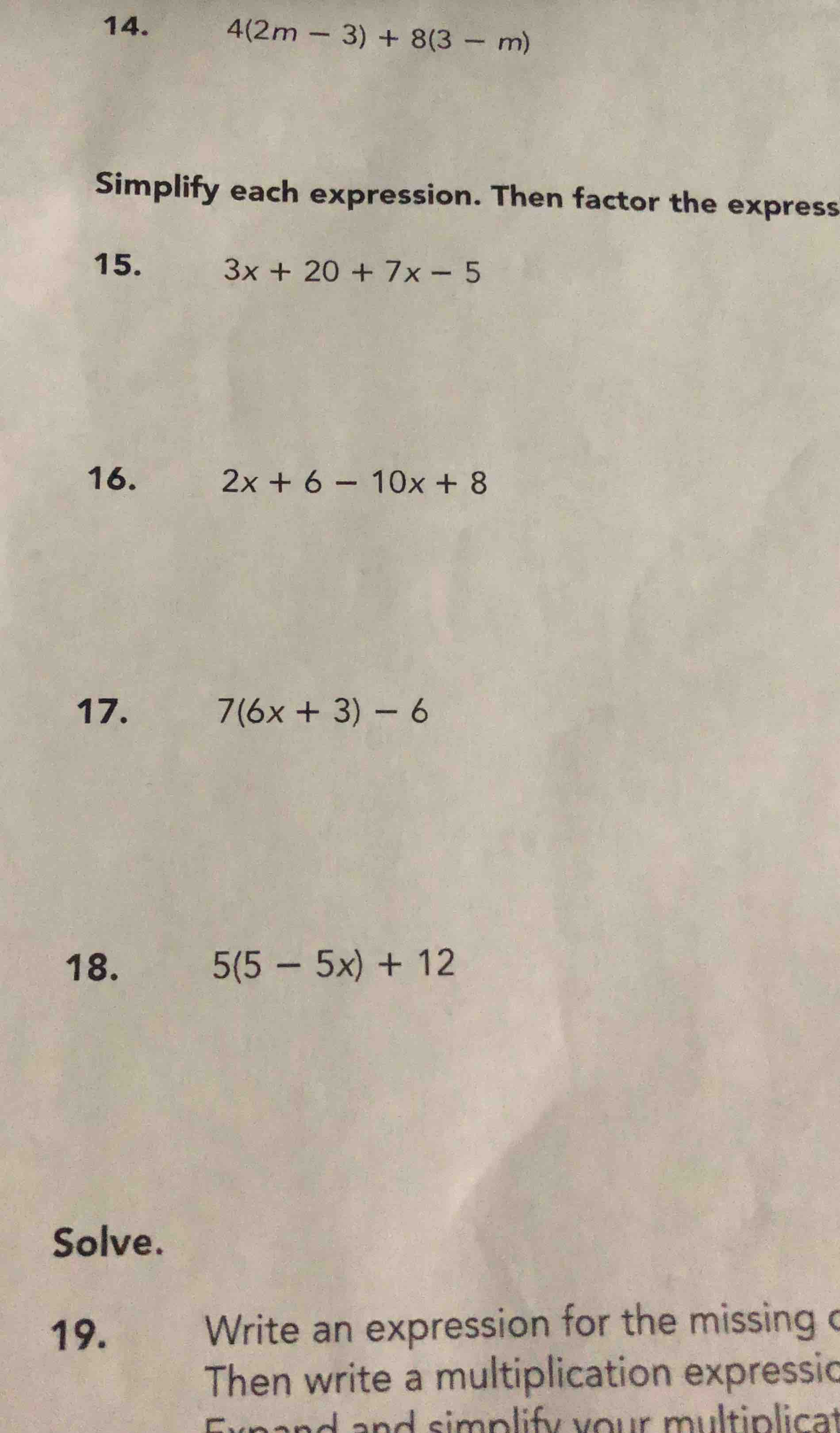 14. \\(4(2m - 3) + 8(3 - m)\\) simplify each expression. then factor th…
