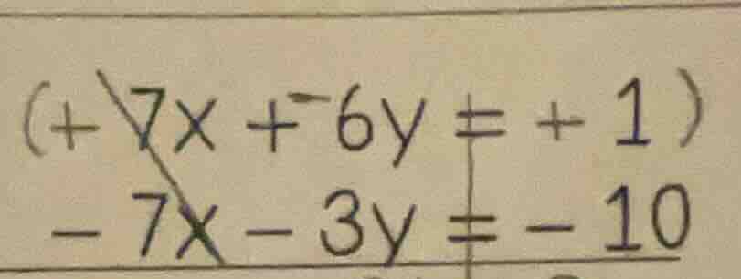 (+7x + -6y = +1) -7x - 3y = -10