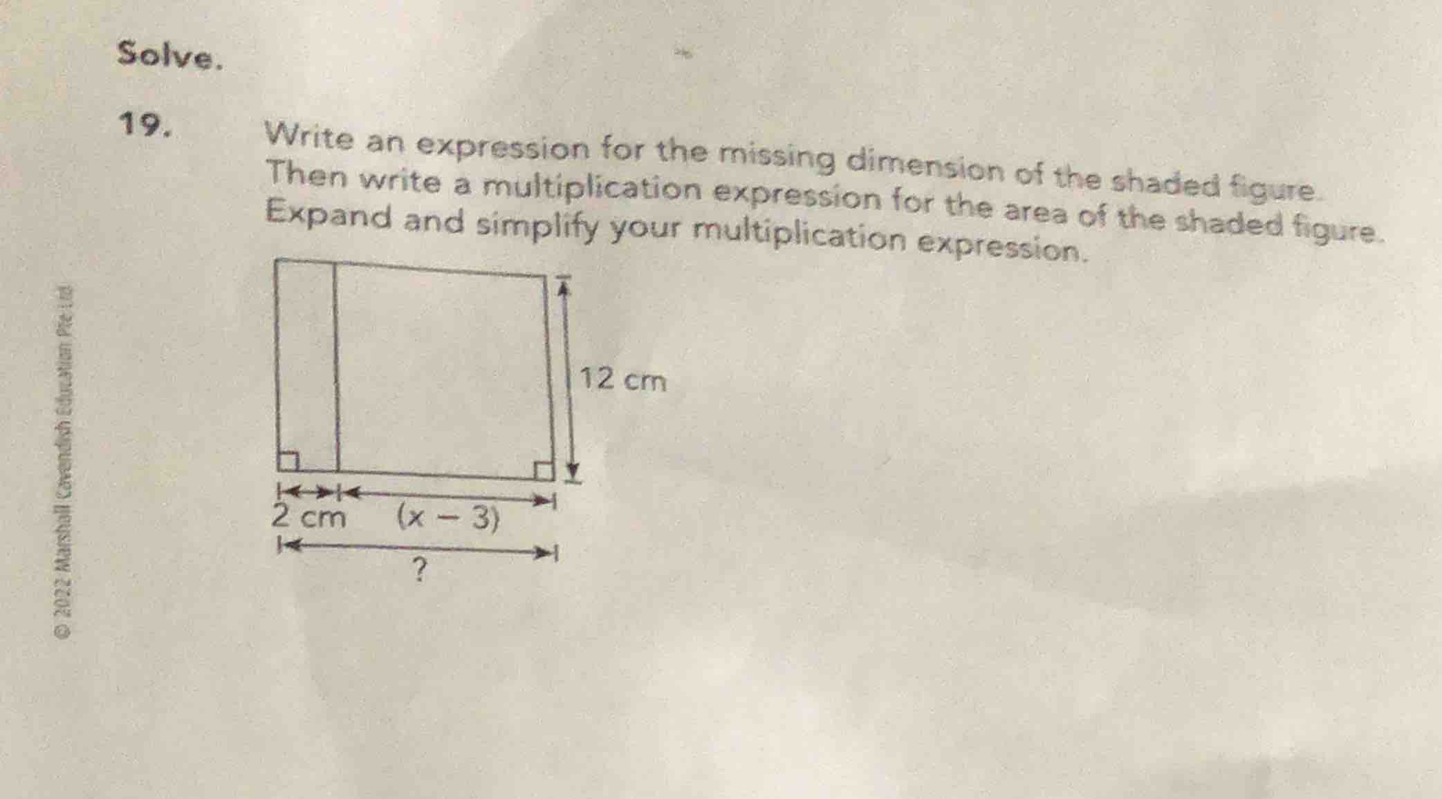 solve. 19. write an expression for the missing dimension of the shaded …