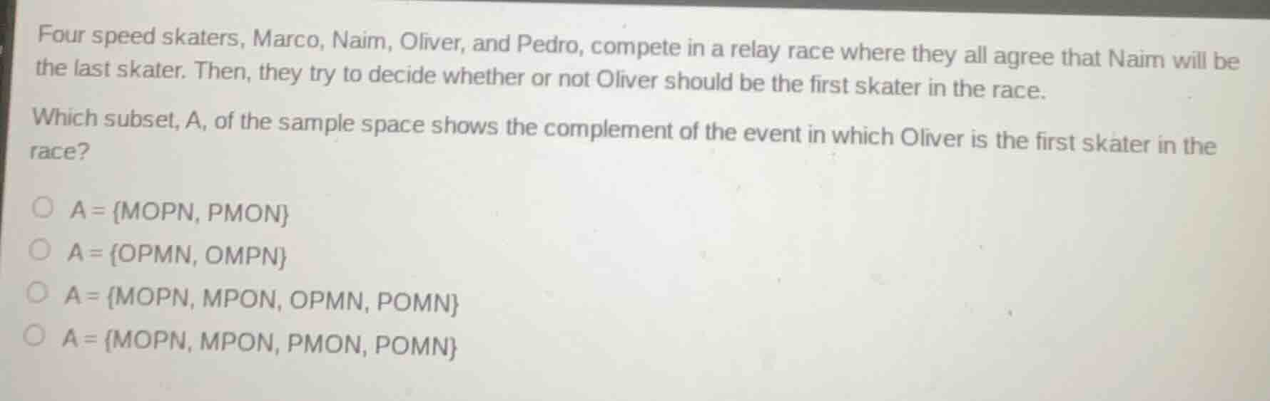 four speed skaters, marco, naim, oliver, and pedro, compete in a relay …