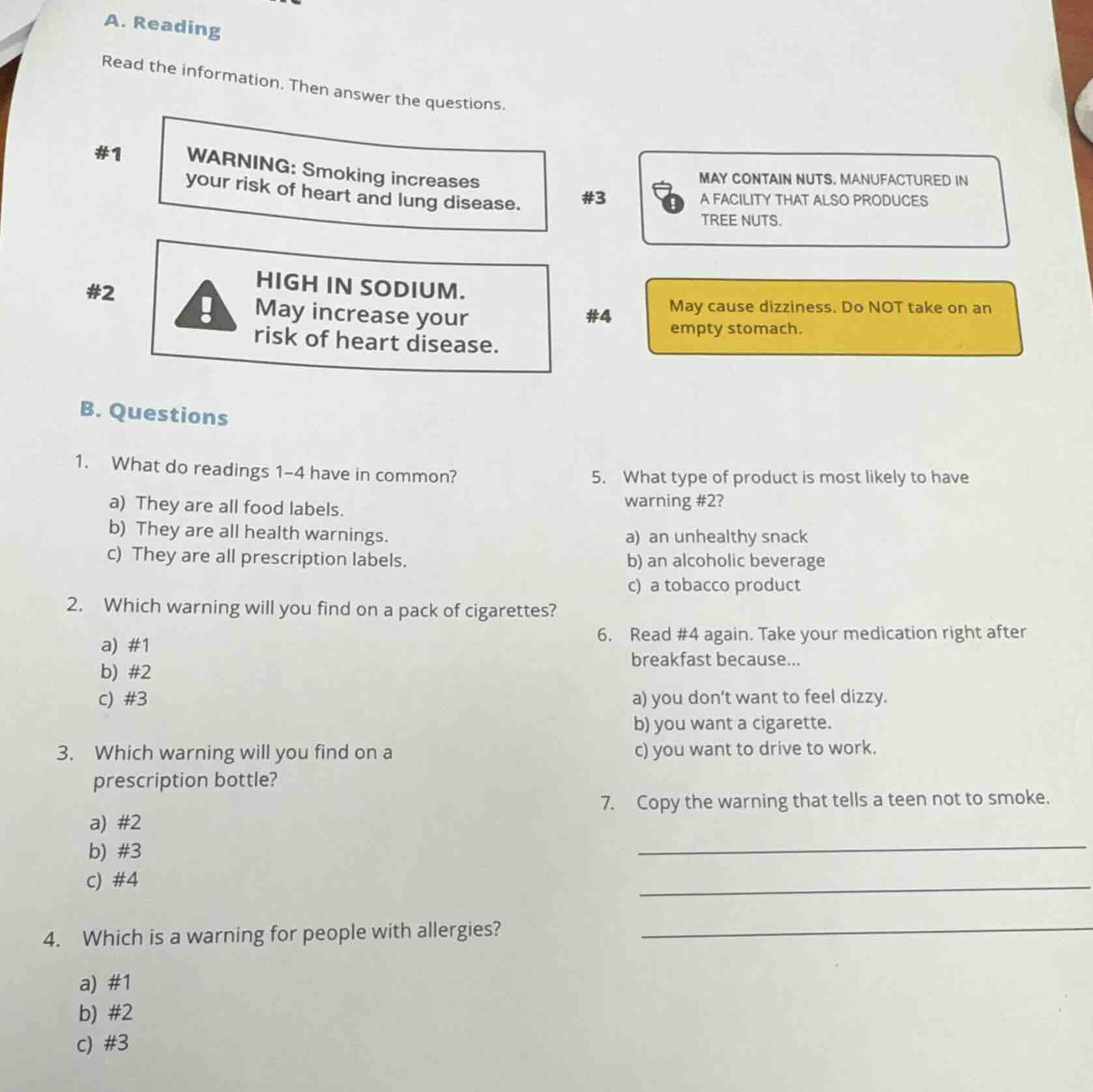 a. reading read the information. then answer the questions. #1 warning:…