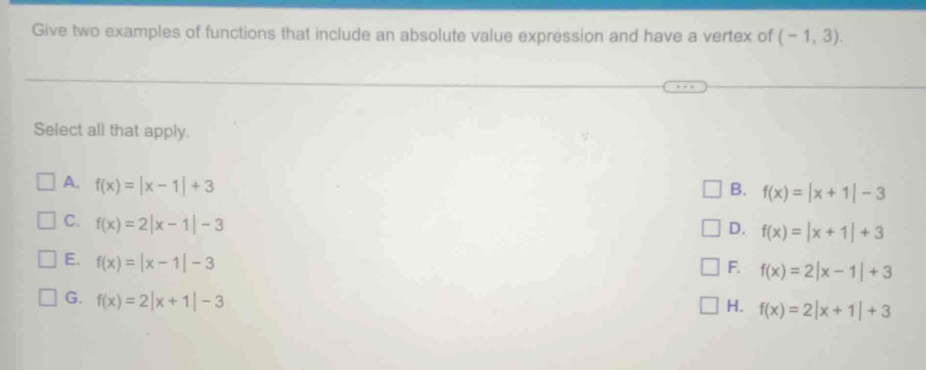 give two examples of functions that include an absolute value expressio…