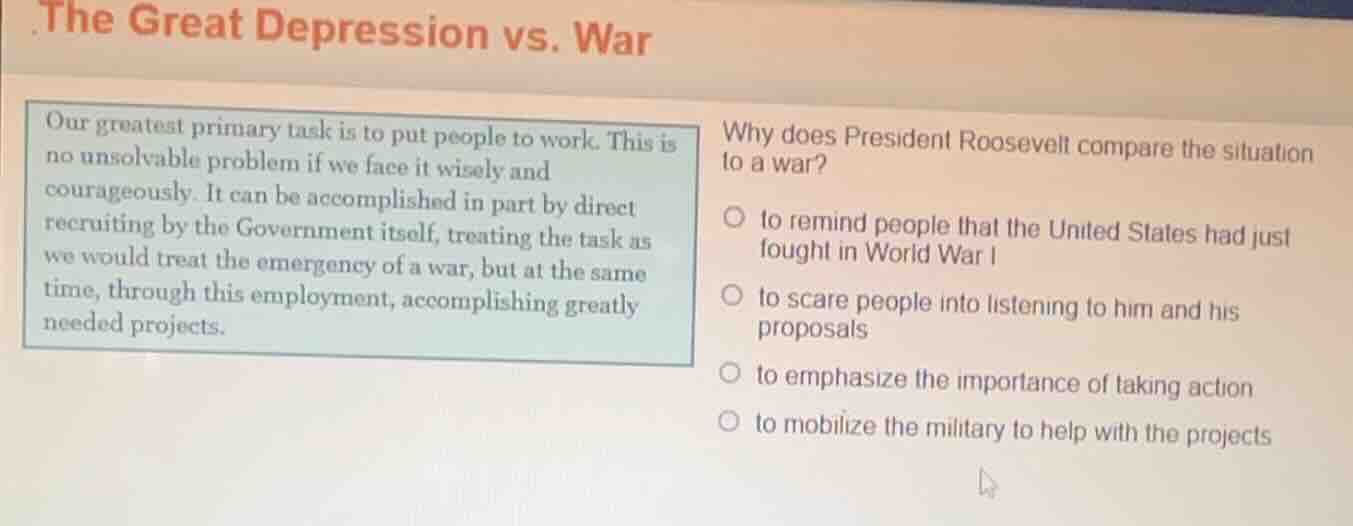 the great depression vs. war our greatest primary task is to put people…
