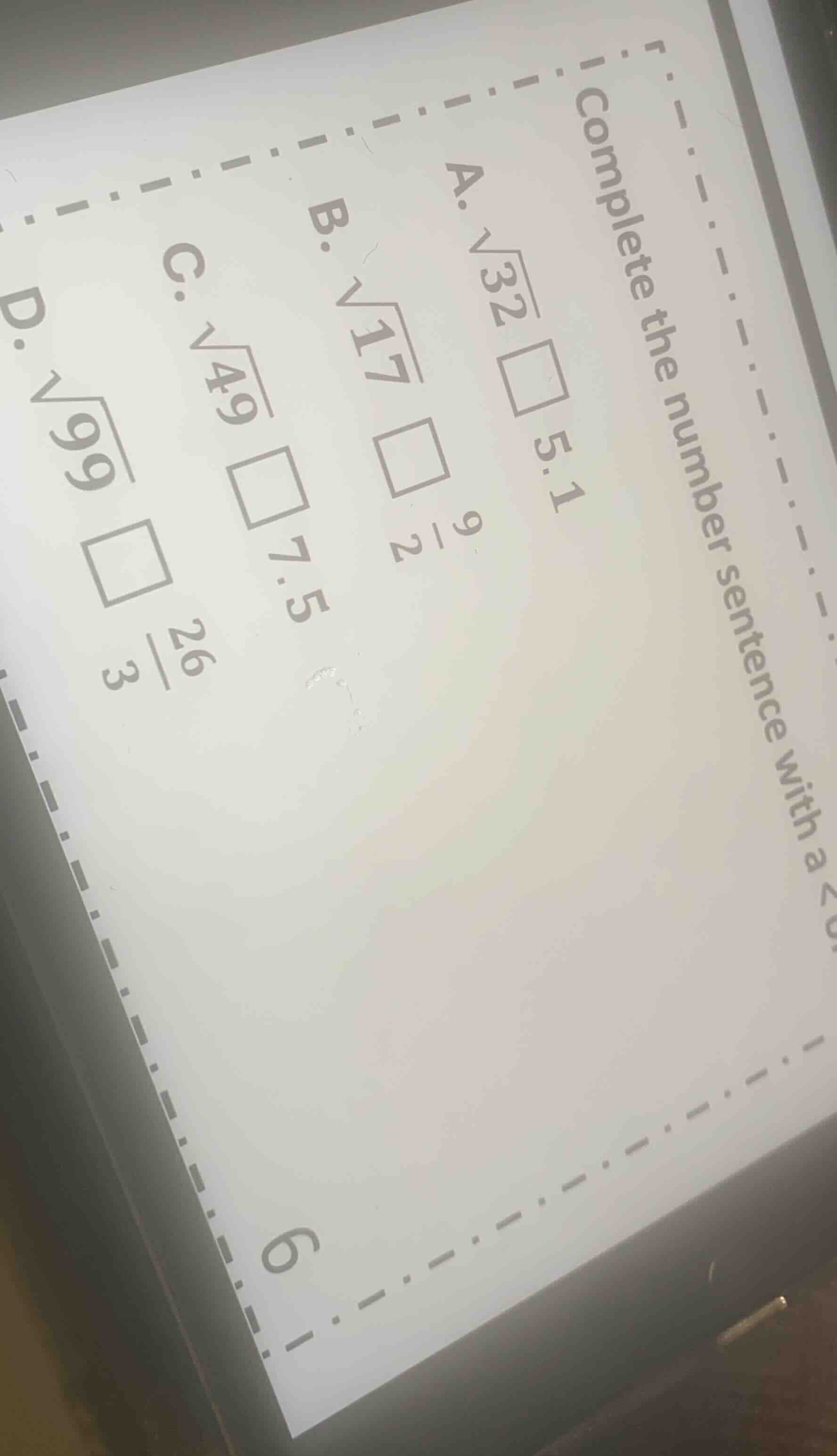 complete the number sentence with a <, >, or = sign. then choose the co…