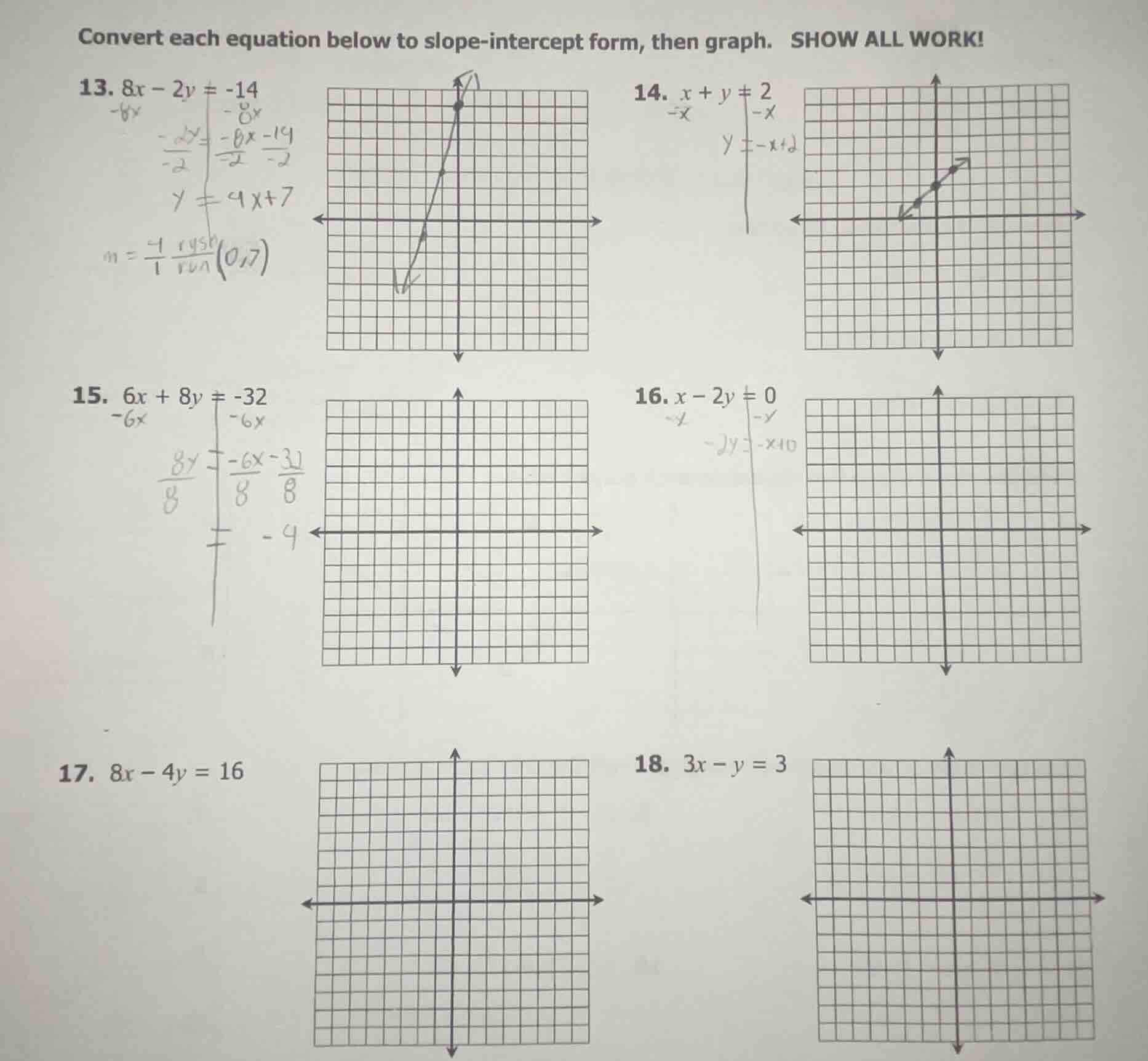 convert each equation below to slope - intercept form, then graph. show…