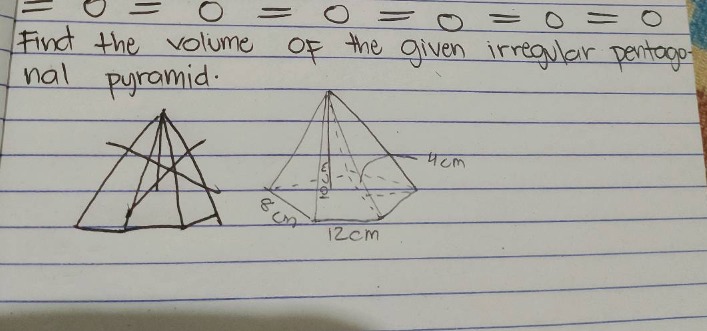find the volume of the given irregular pentagonal pyramid.