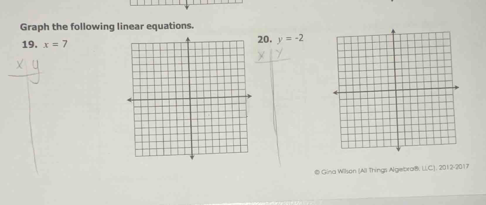 graph the following linear equations. 19. $x = 7$ 20. $y = -2$