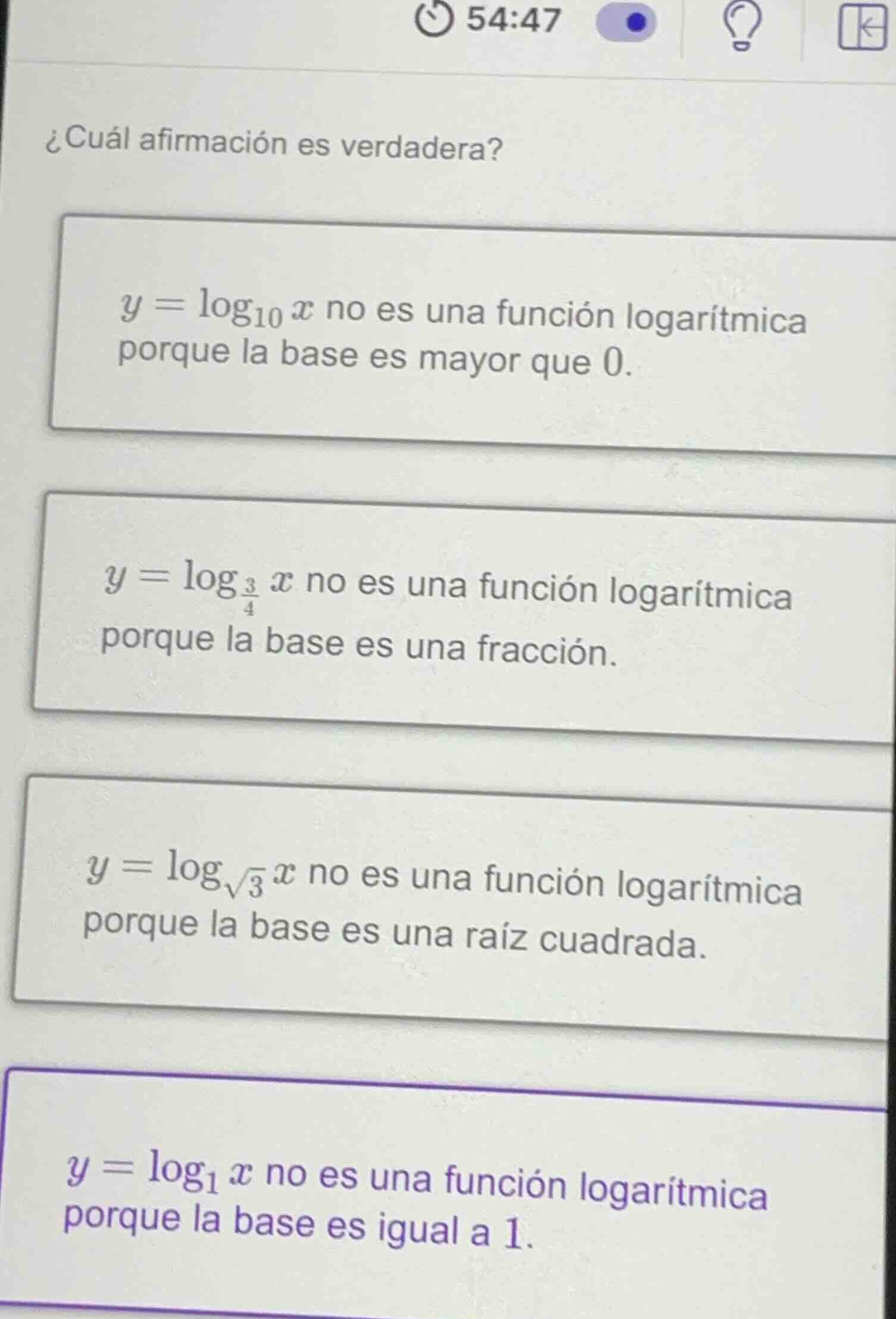 ¿cuál afirmación es verdadera? $y = \\log_{10} x$ no es una función log…
