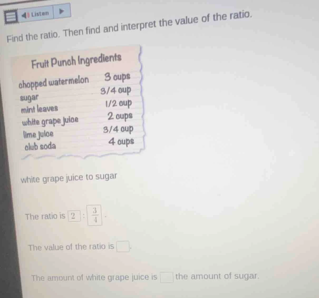 find the ratio. then find and interpret the value of the ratio. fruit p…