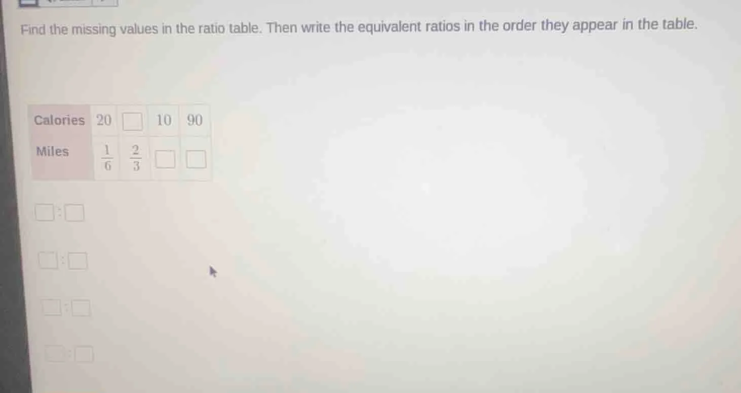 find the missing values in the ratio table. then write the equivalent r…