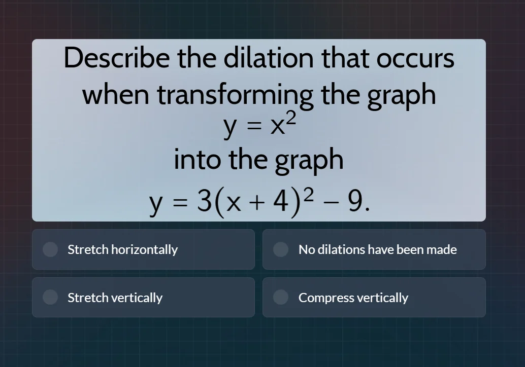 describe the dilation that occurs when transforming the graph y = x² in…