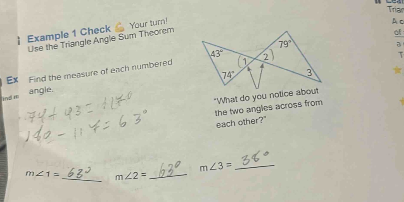 example 1 check your turn! use the triangle angle sum theorem ex find t…