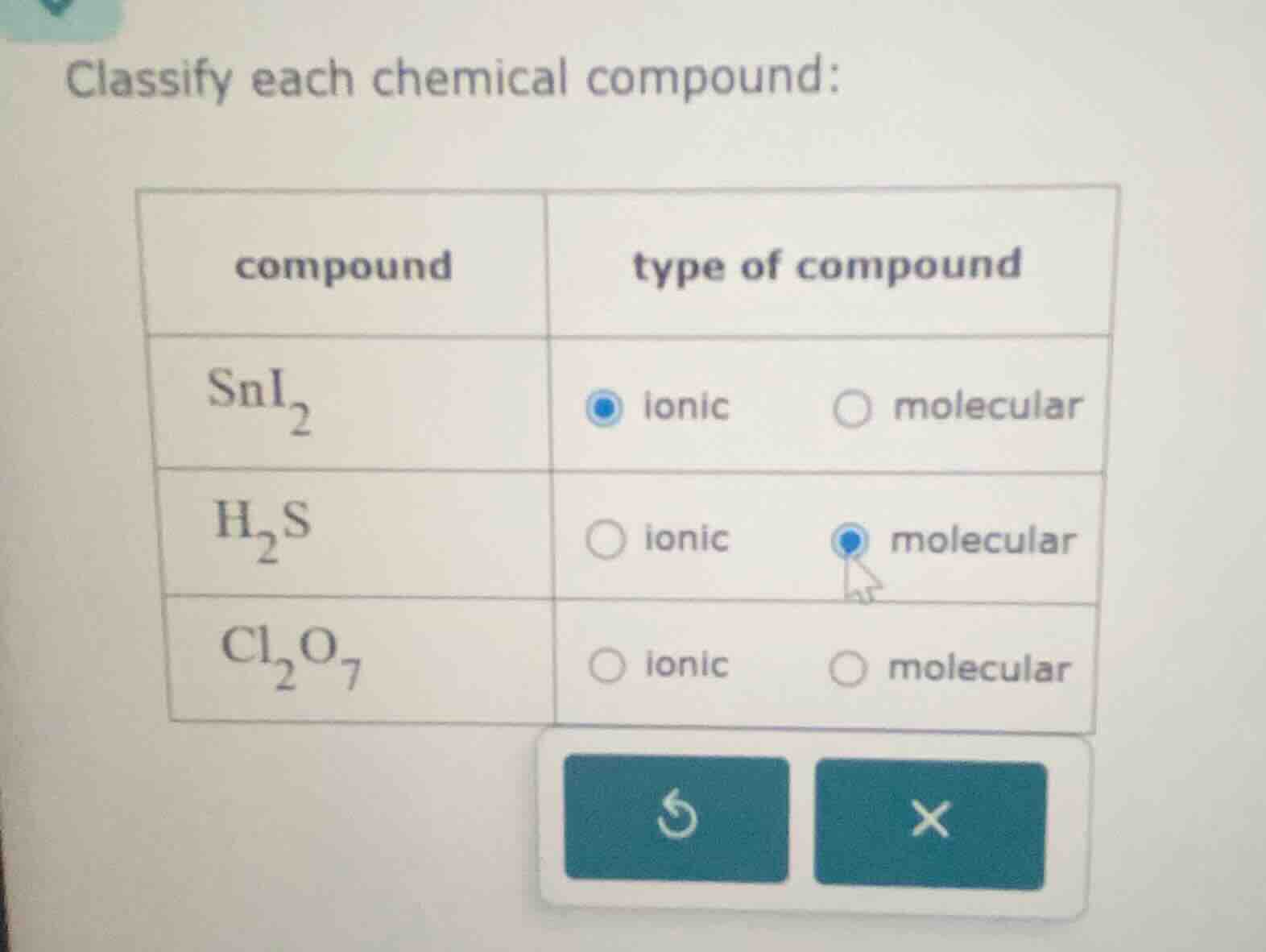 classify each chemical compound: | compound | type of compound | | ----…
