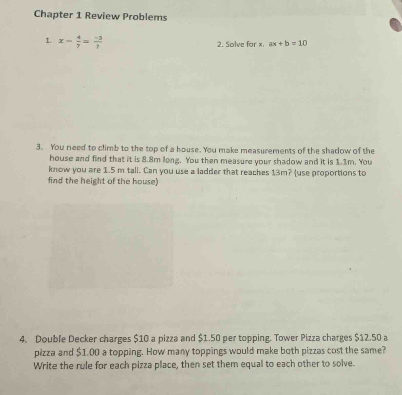 chapter 1 review problems 1. $x - \\frac{4}{7} = \\frac{-3}{7}$ 2. solv…