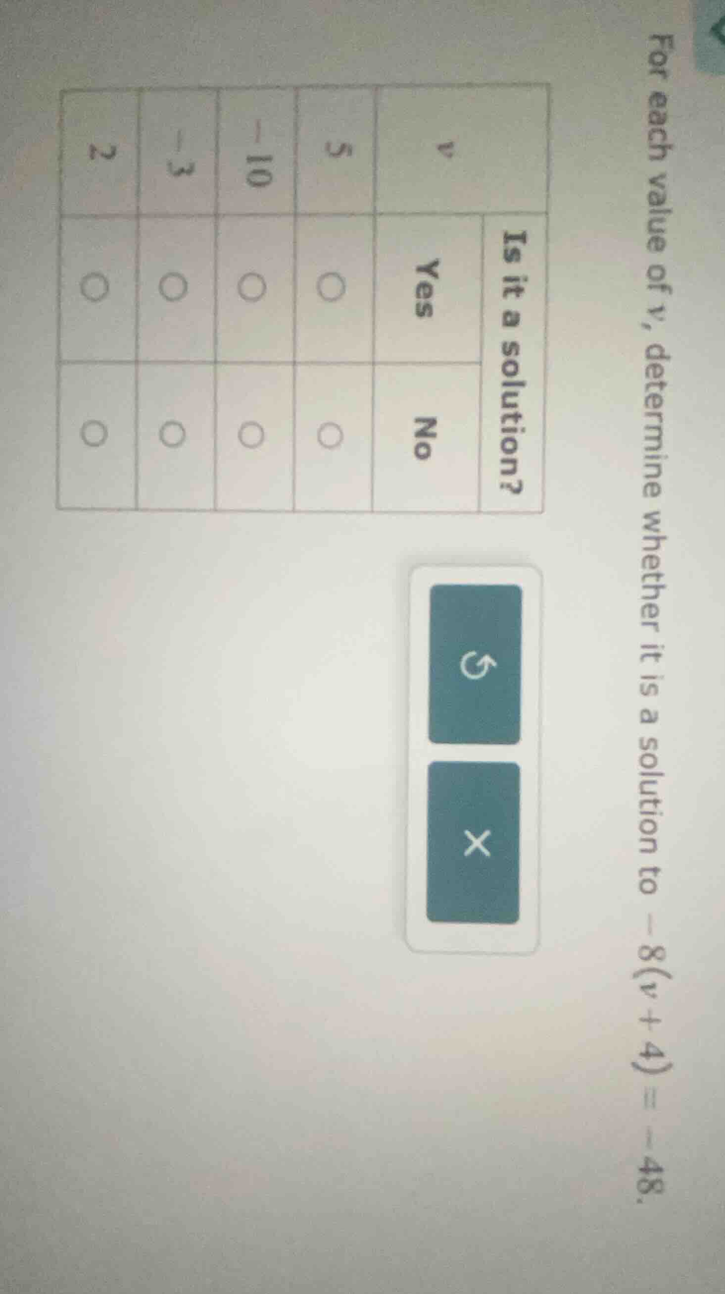 for each value of v, determine whether it is a solution to -8(v + 4) = …