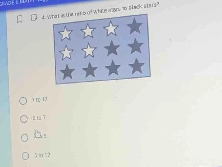 4. what is the ratio of white stars to black stars? options: 7 to 12, 5…