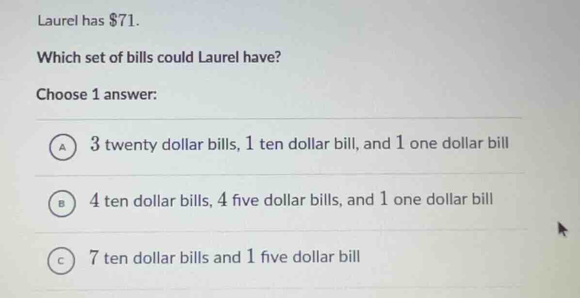 laurel has $71. which set of bills could laurel have? choose 1 answer: …