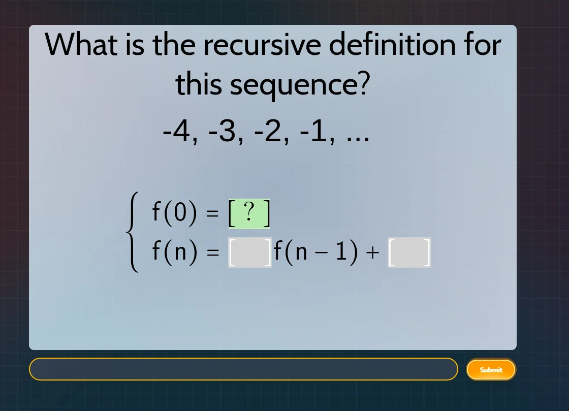 what is the recursive definition for this sequence? -4, -3, -2, -1, ...…