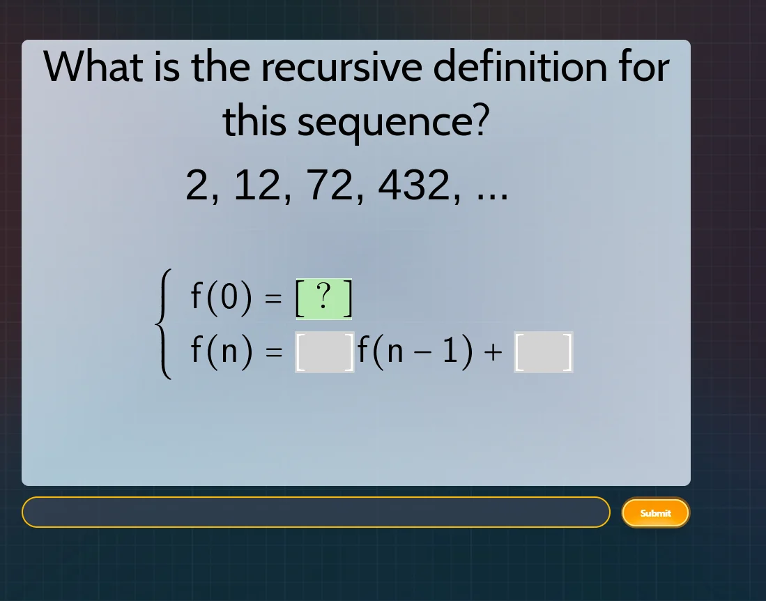 what is the recursive definition for this sequence? 2, 12, 72, 432, ...…