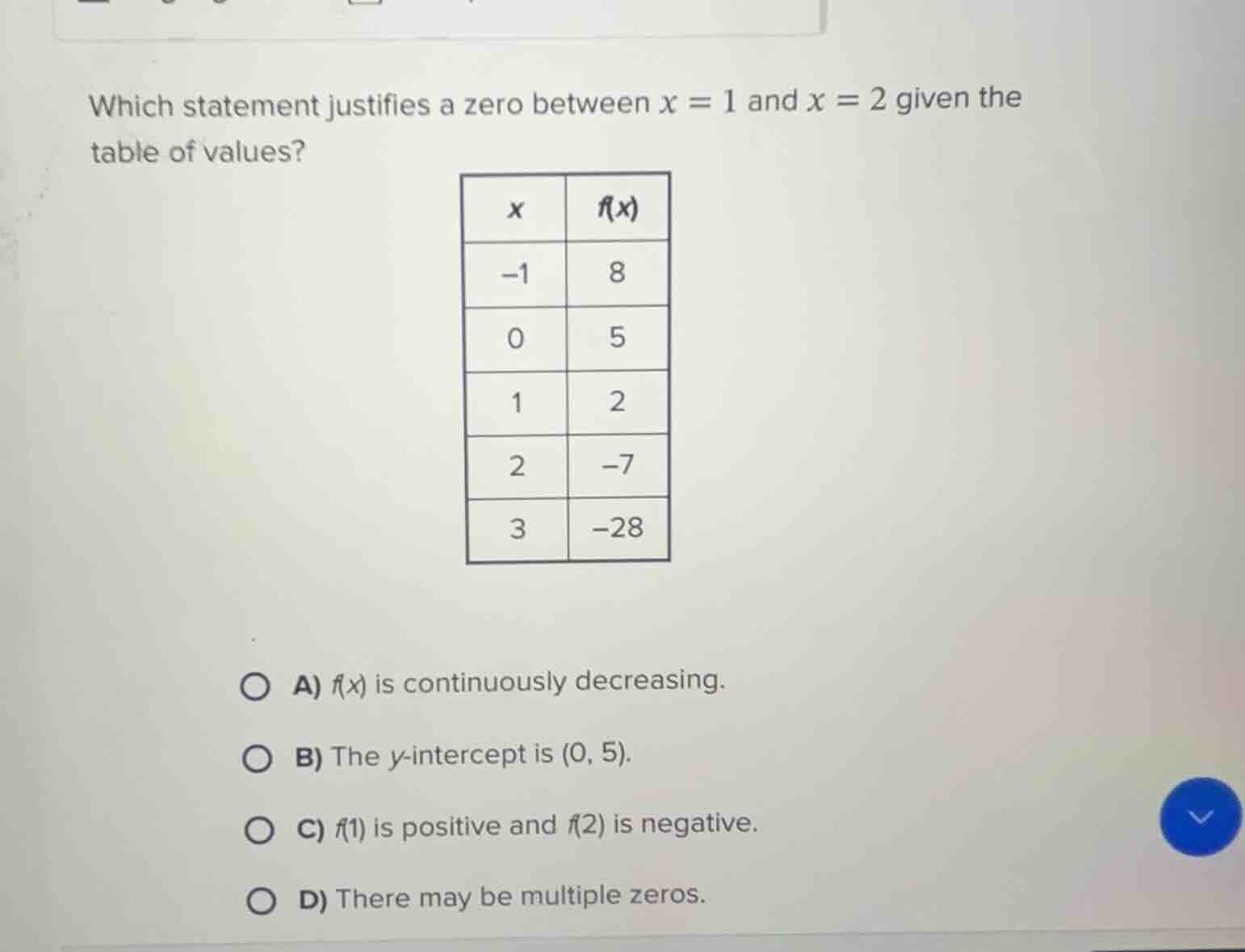 which statement justifies a zero between x = 1 and x = 2 given the tabl…