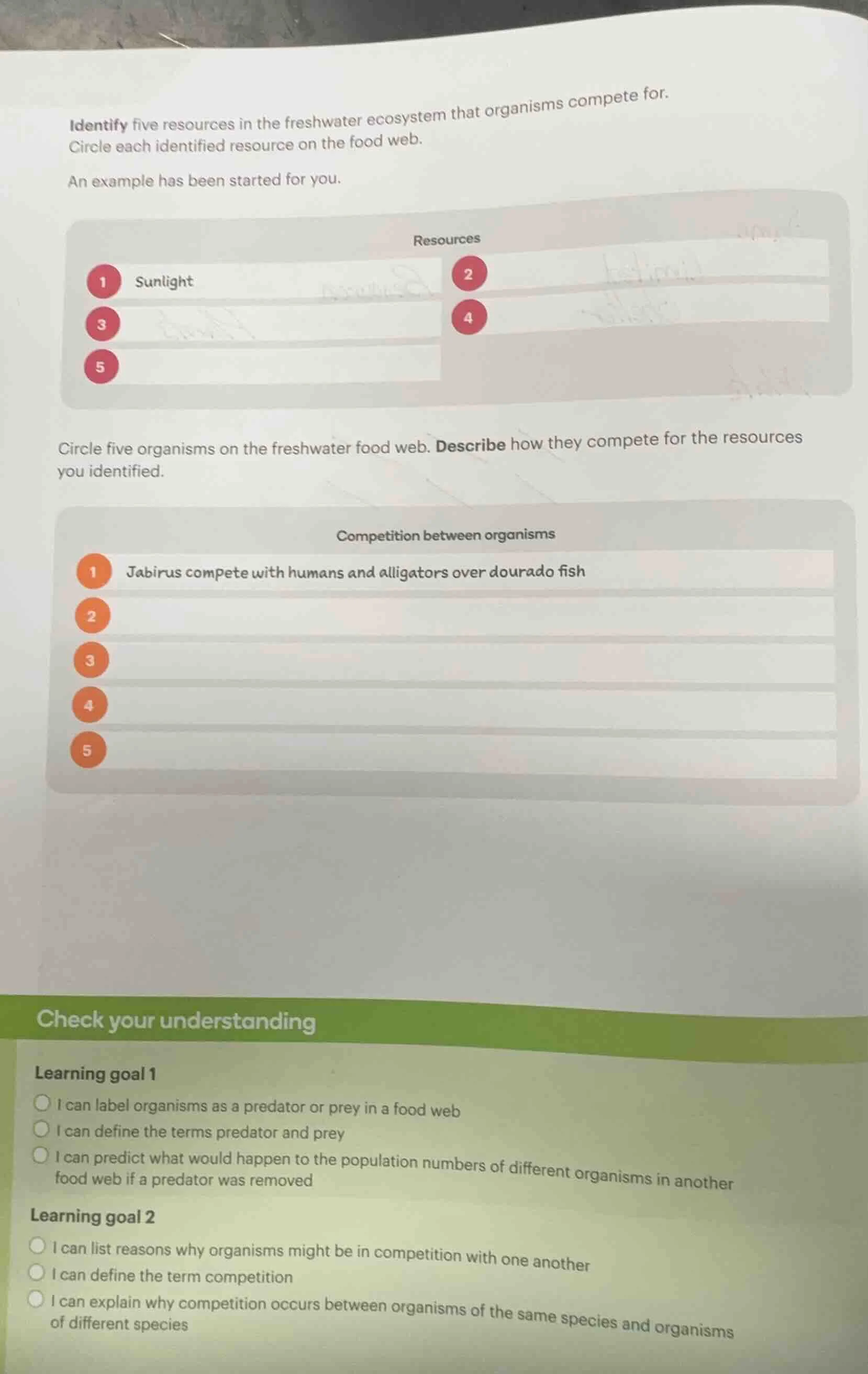 identify five resources in the freshwater ecosystem that organisms comp…