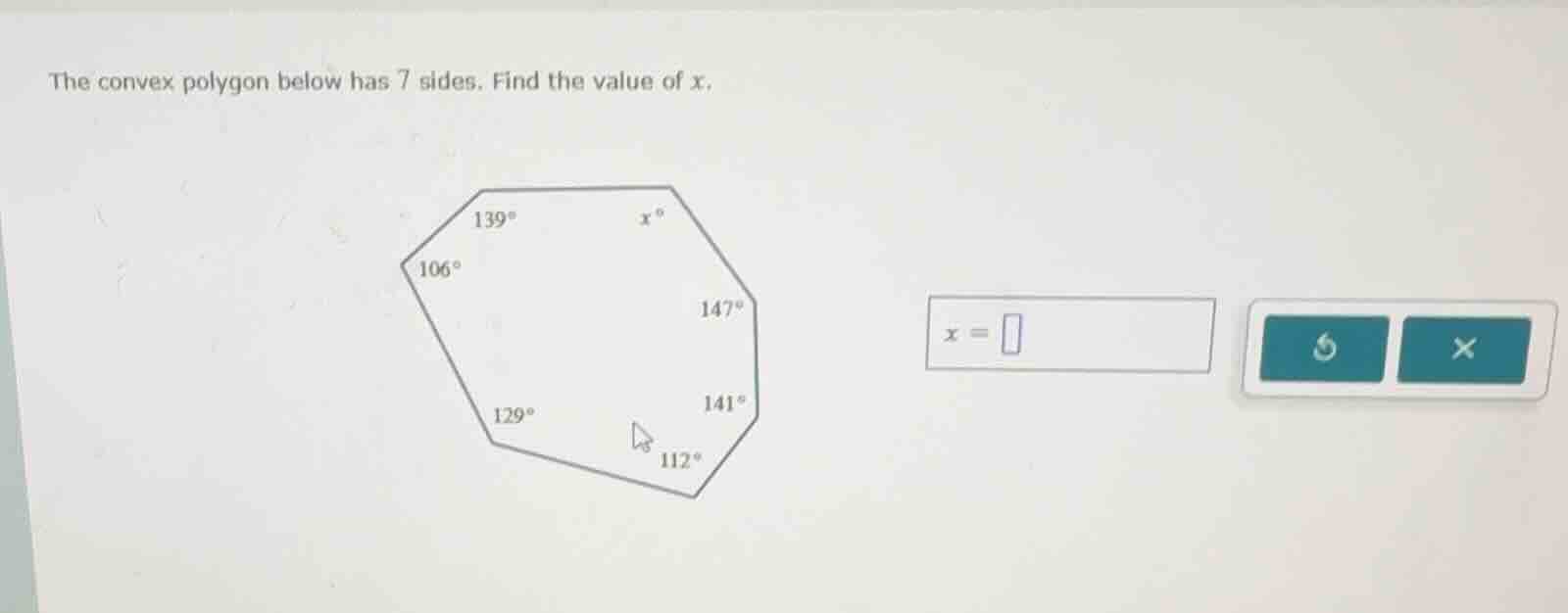 the convex polygon below has 7 sides. find the value of x. (the polygon…