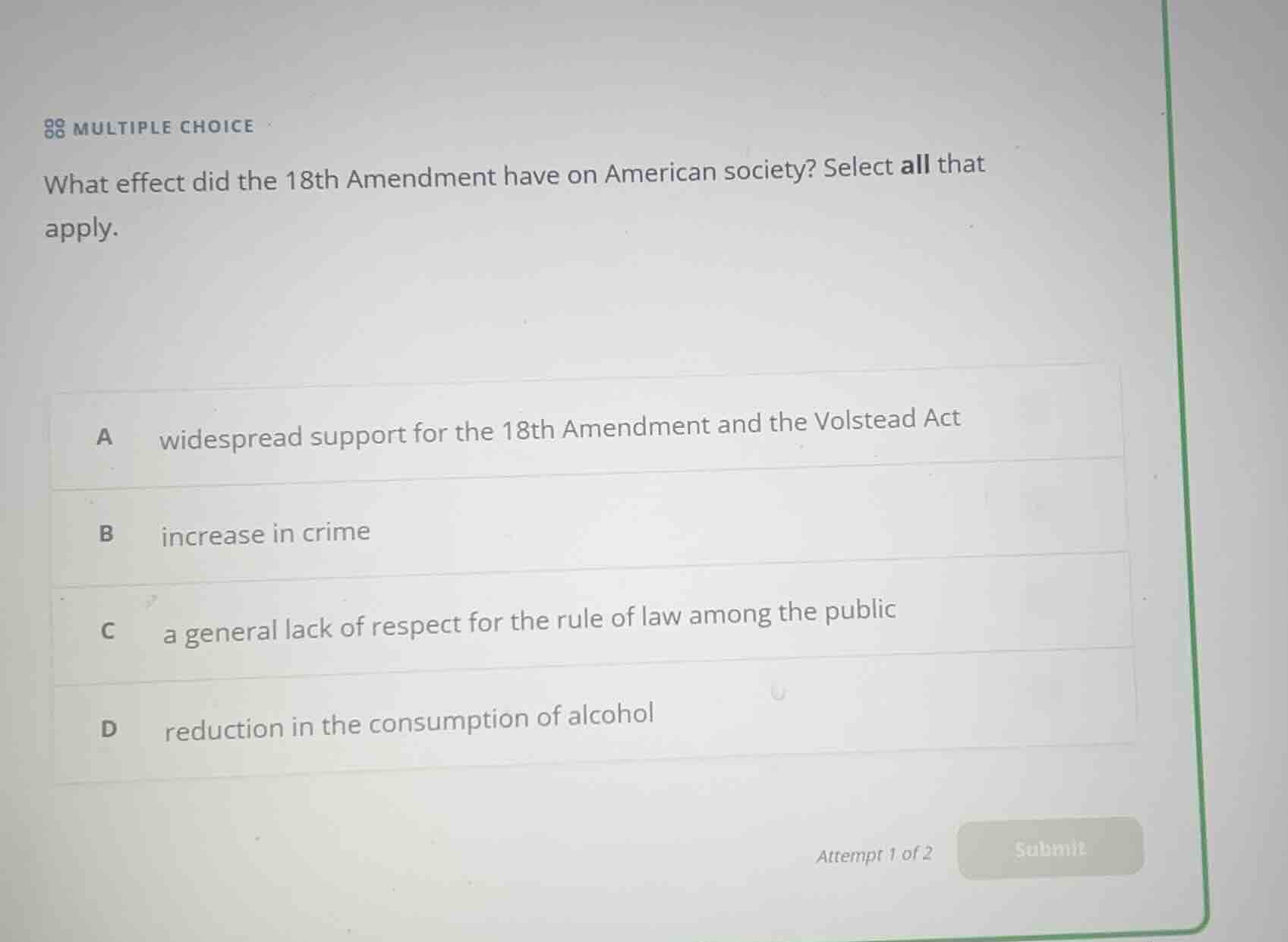multiple choice what effect did the 18th amendment have on american soc…