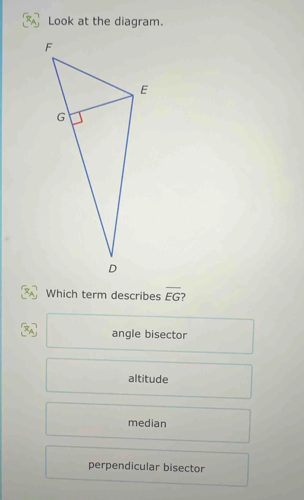 look at the diagram. which term describes \\(\\overline{eg}\\)? angle b…
