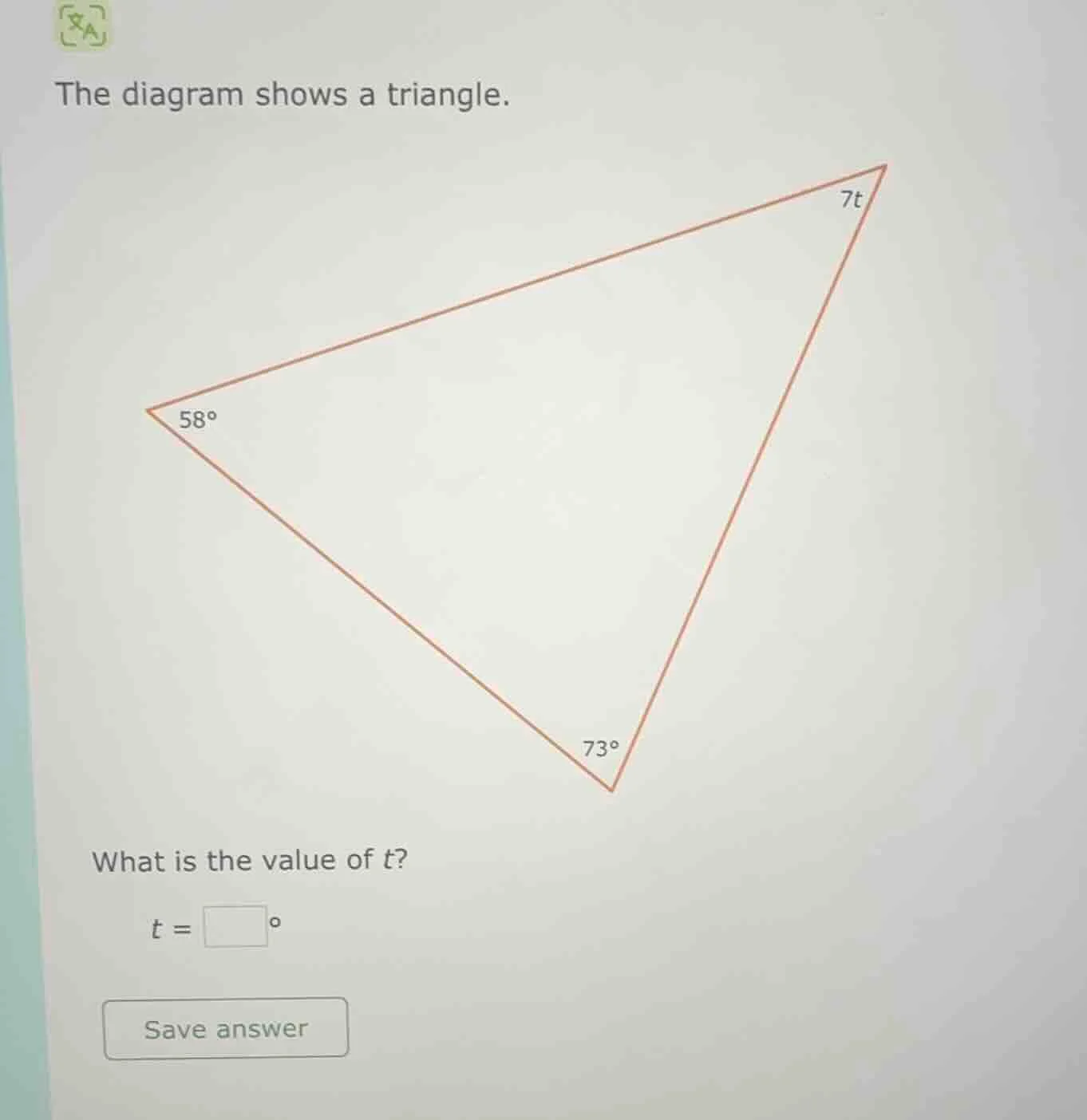 the diagram shows a triangle. what is the value of t? t = \\square^\\ci…