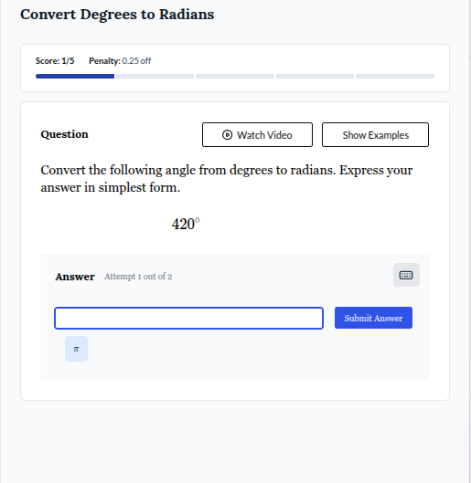 convert degrees to radians score: 1/5 penalty: 0.25 off question watch …