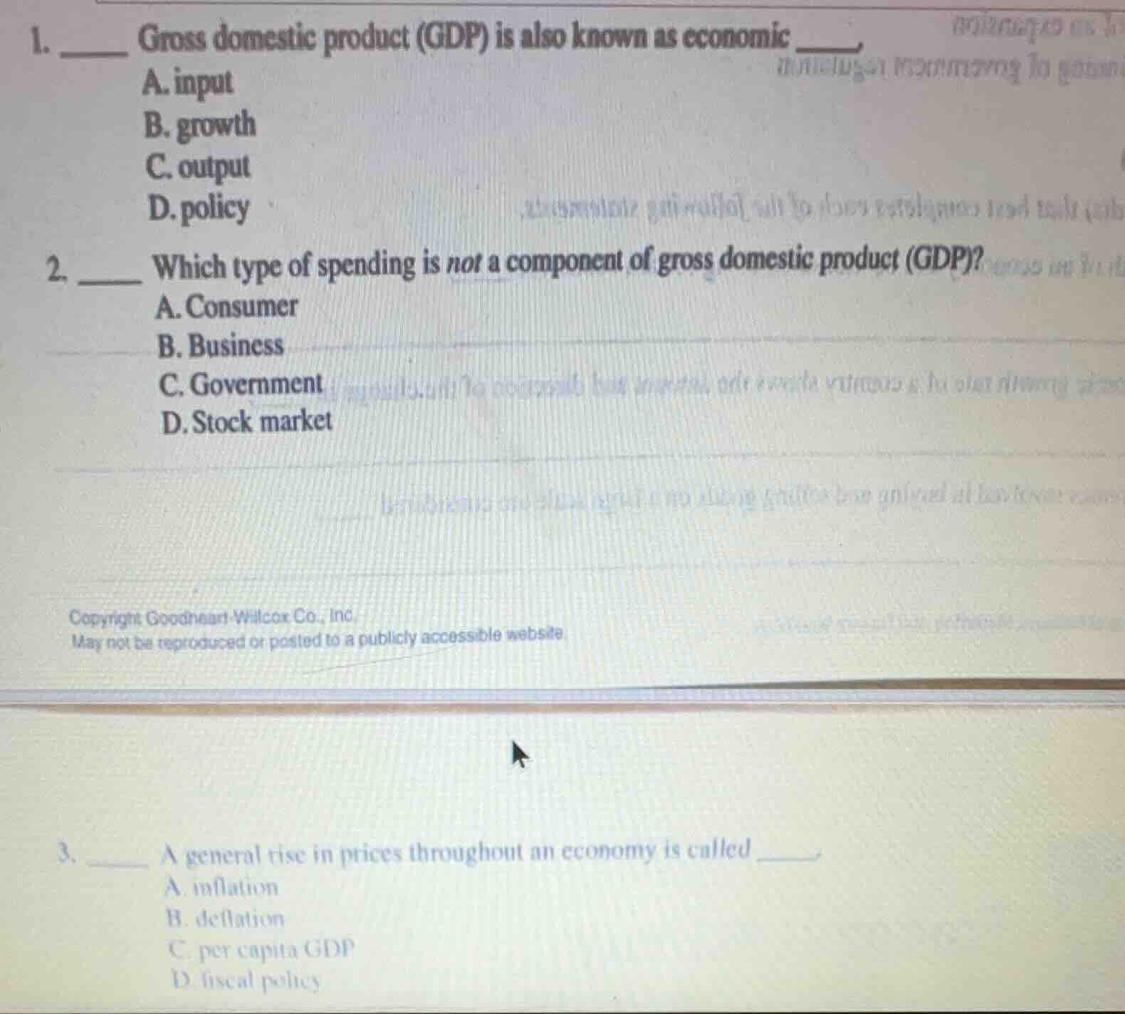 1. ____ gross domestic product (gdp) is also known as economic ____, a.…