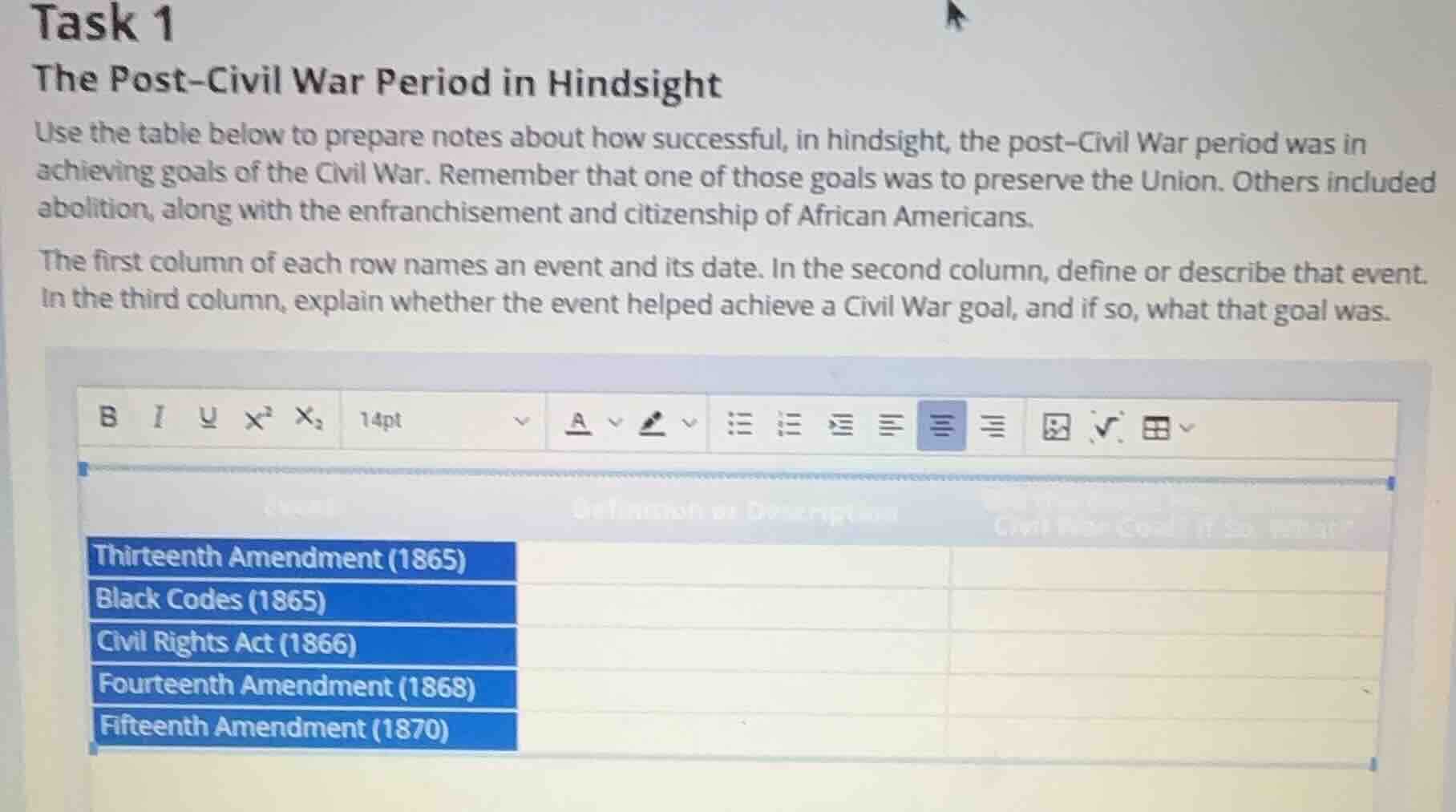 task 1 the post - civil war period in hindsight use the table below to …