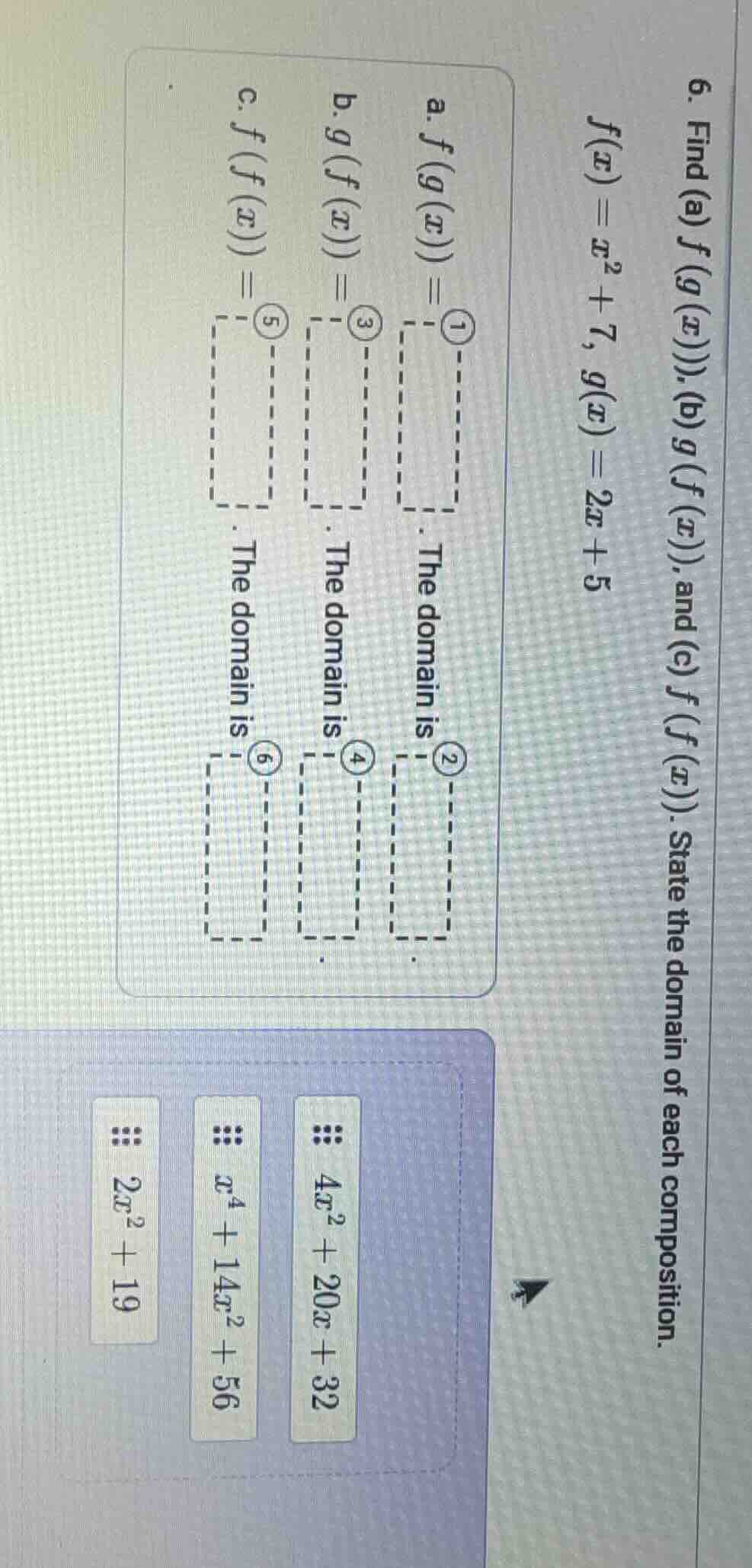 6. find (a) ( f(g(x)) ), (b) ( g(f(x)) ), and (c) ( f(f(x)) ). state th…