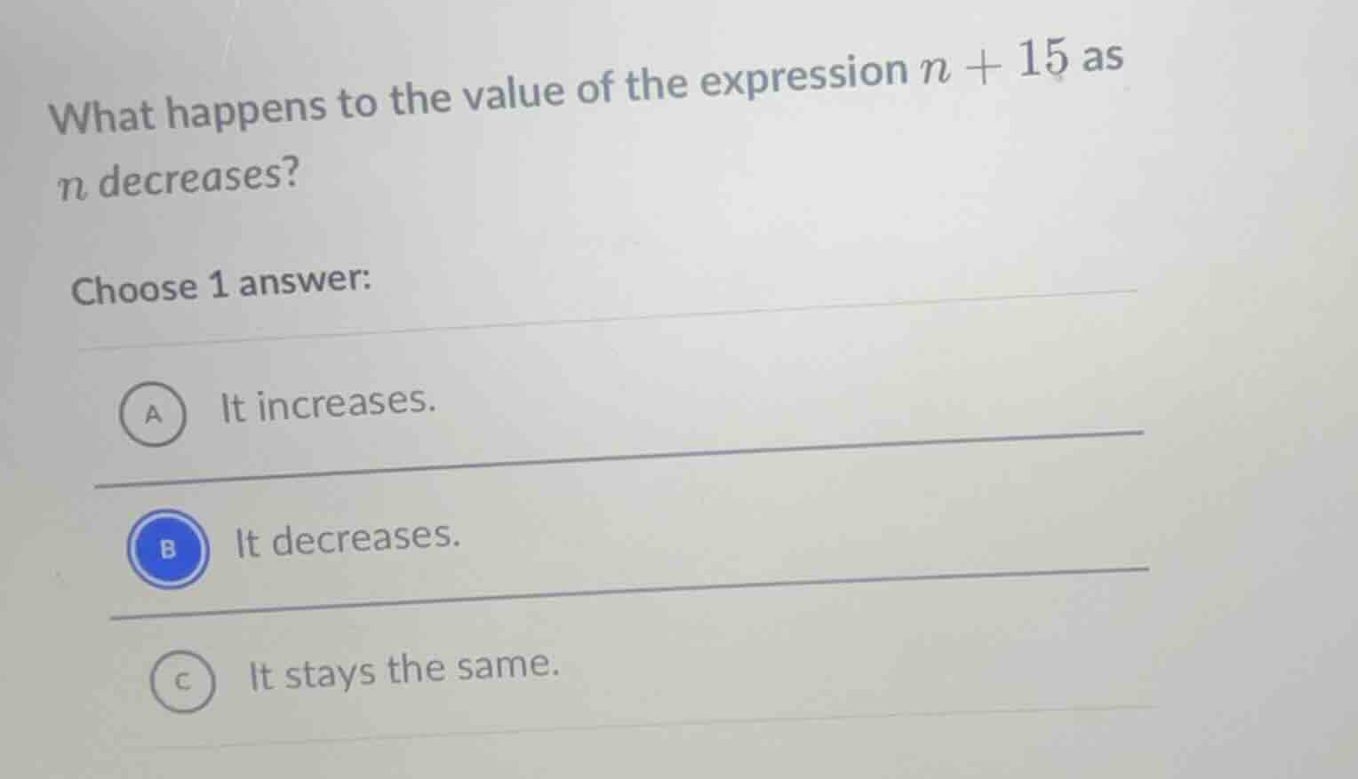 what happens to the value of the expression $n + 15$ as $n$ decreases? …
