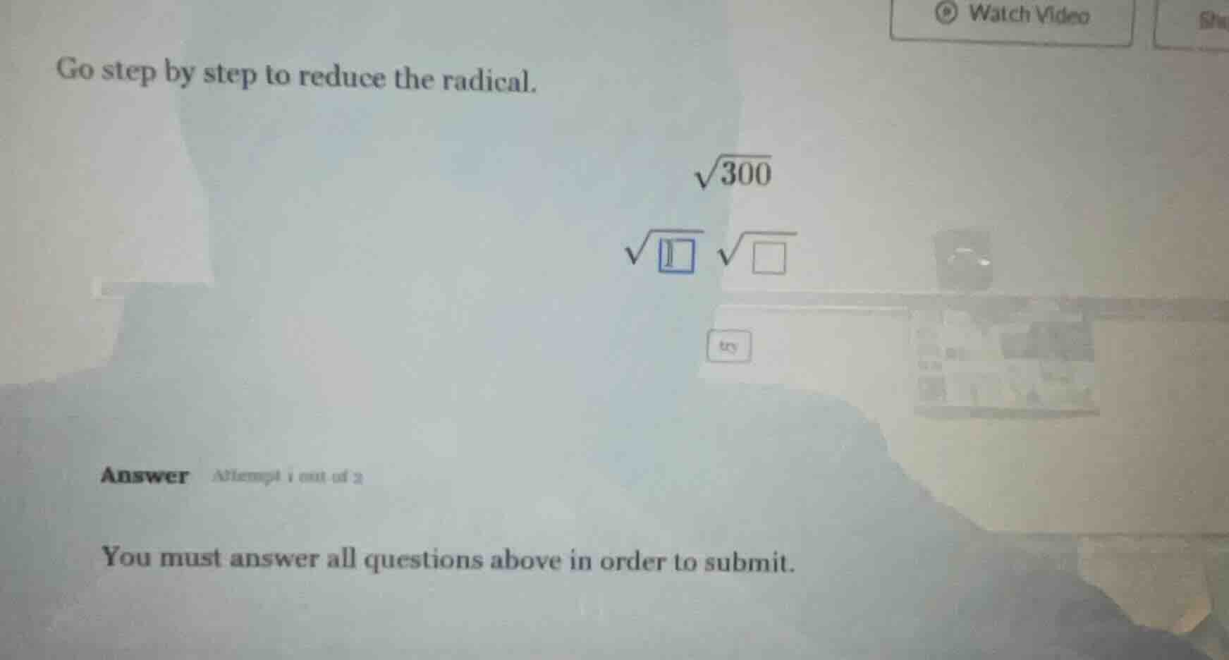 go step by step to reduce the radical. \\(\\sqrt{300}\\) \\(\\sqrt{\\sq…