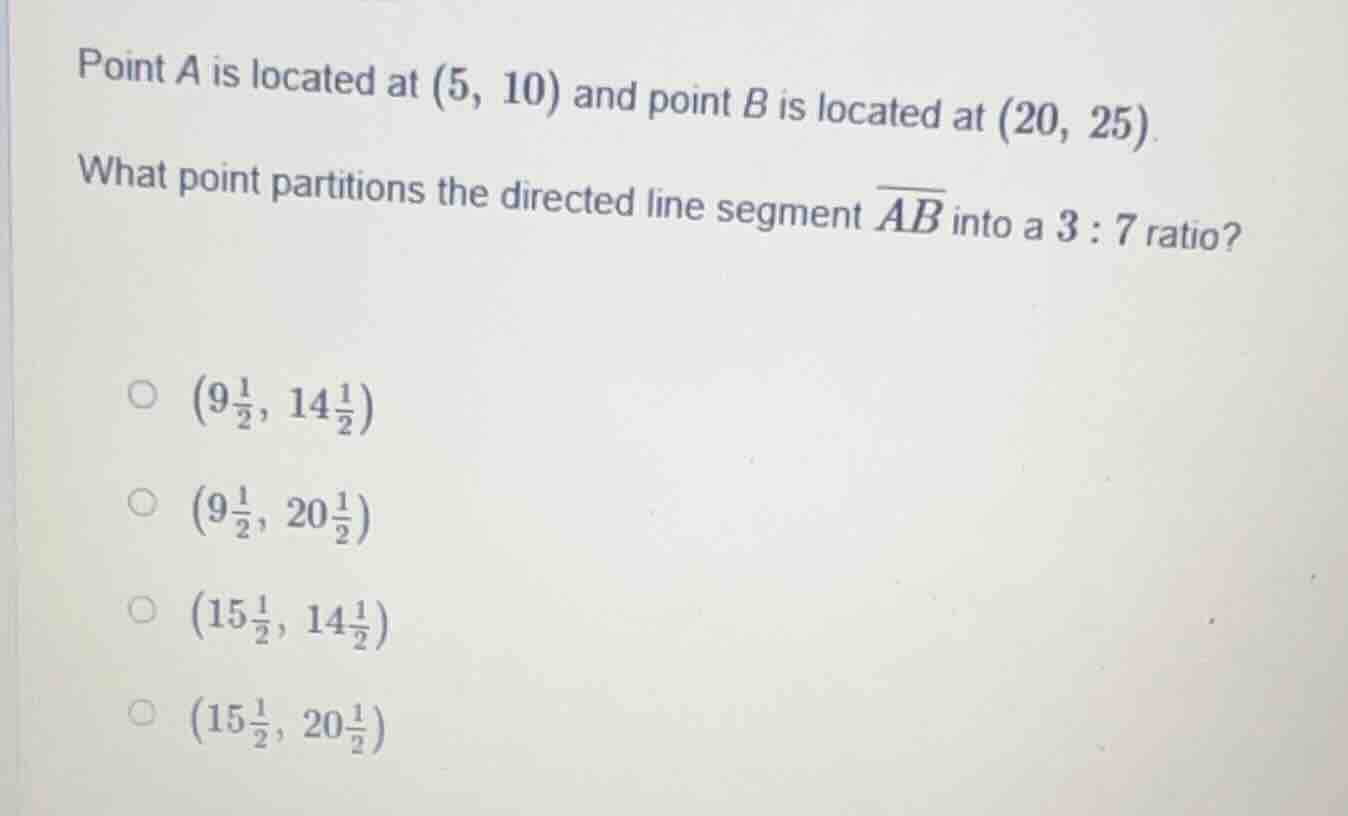 point a is located at (5, 10) and point b is located at (20, 25). what …