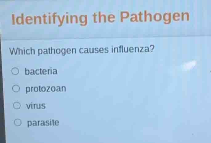 identifying the pathogen which pathogen causes influenza? ○ bacteria ○ …