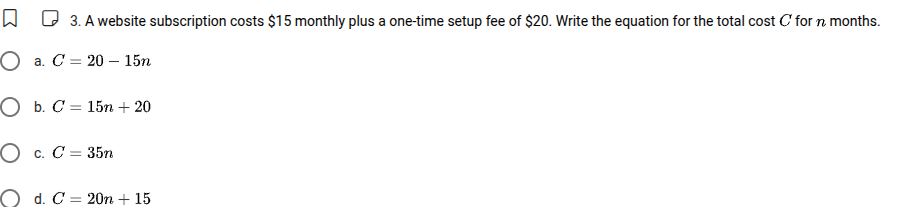 3. a website subscription costs $15 monthly plus a one - time setup fee…