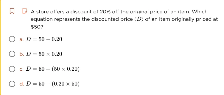 a store offers a discount of 20% off the original price of an item. whi…