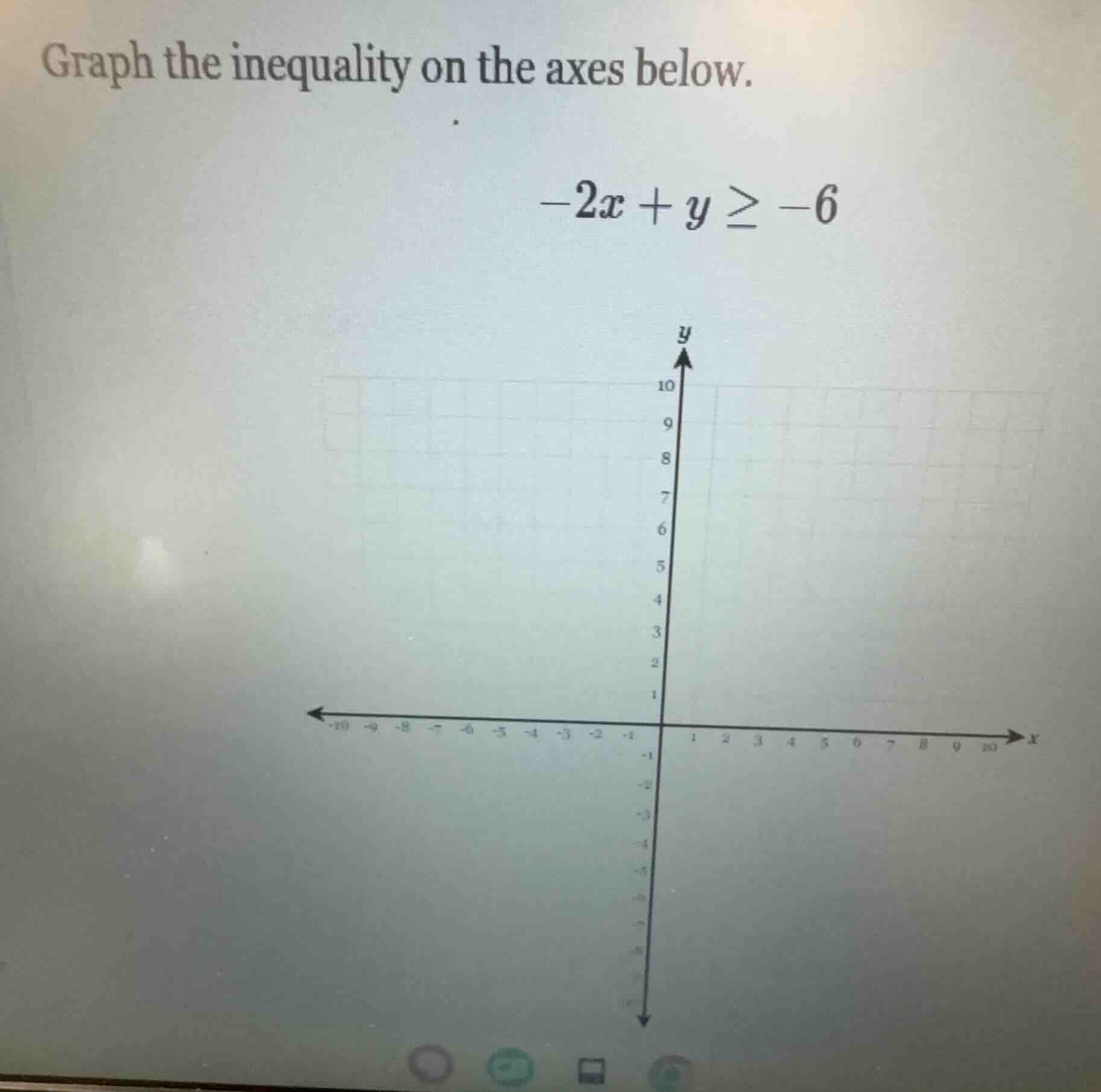 graph the inequality on the axes below. -2x + y ≥ -6