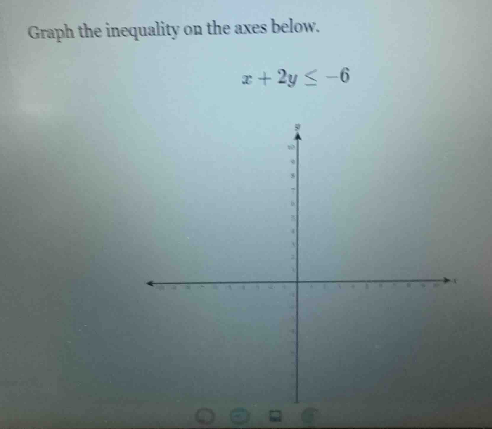 graph the inequality on the axes below. $x + 2y \\leq -6$