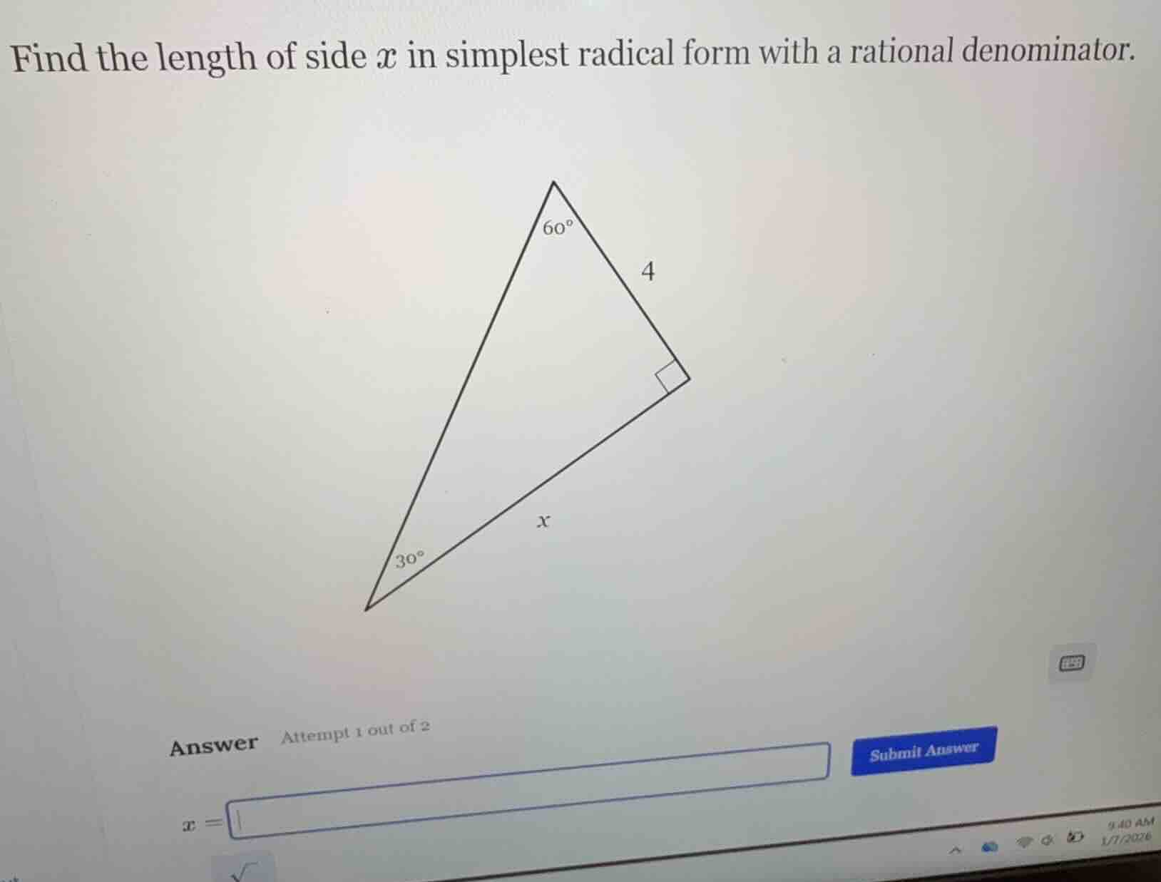 find the length of side x in simplest radical form with a rational deno…